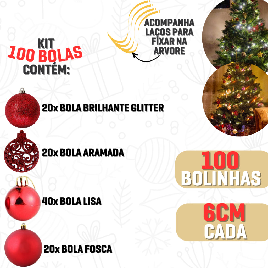 Kit 100 Bolinhas Enfeite Árvore de Natal 6cm