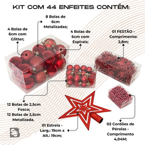 Kit 44 Enfeites Para Árvore de Natal Estrela Bolas Festão Cordão Pérolas Decoração Natalina